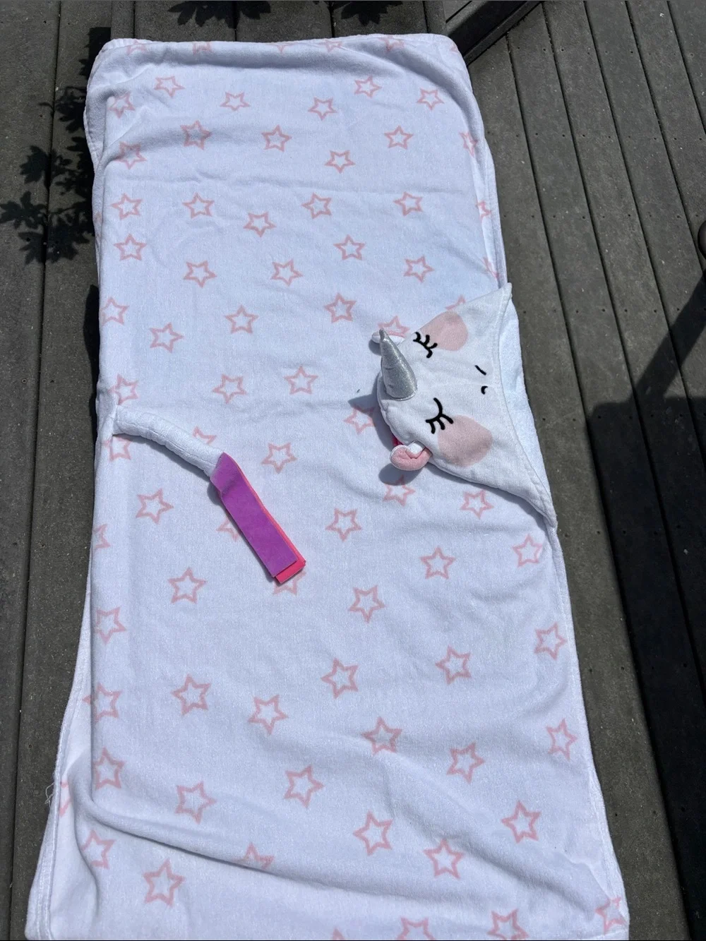 Kids White & Pink Star Hooded Bath Towel with Sparkle Unicorn, Shower, 4’ x 2’